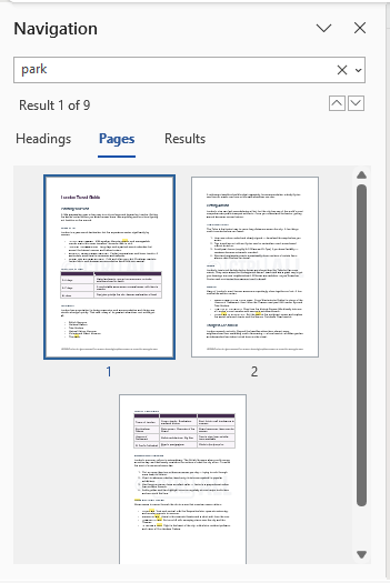 Navigation pane find search results under Pages tab